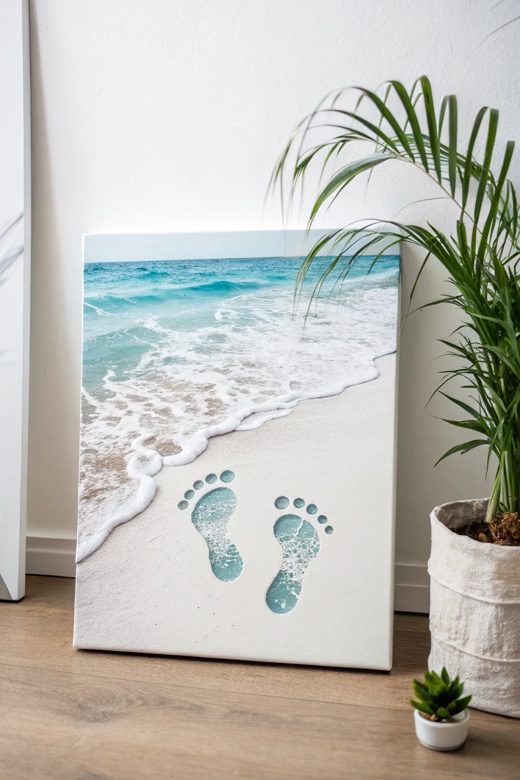Capture the serenity of the sea with this unique baby footprint art, where tiny toes become the crests of ocean waves.