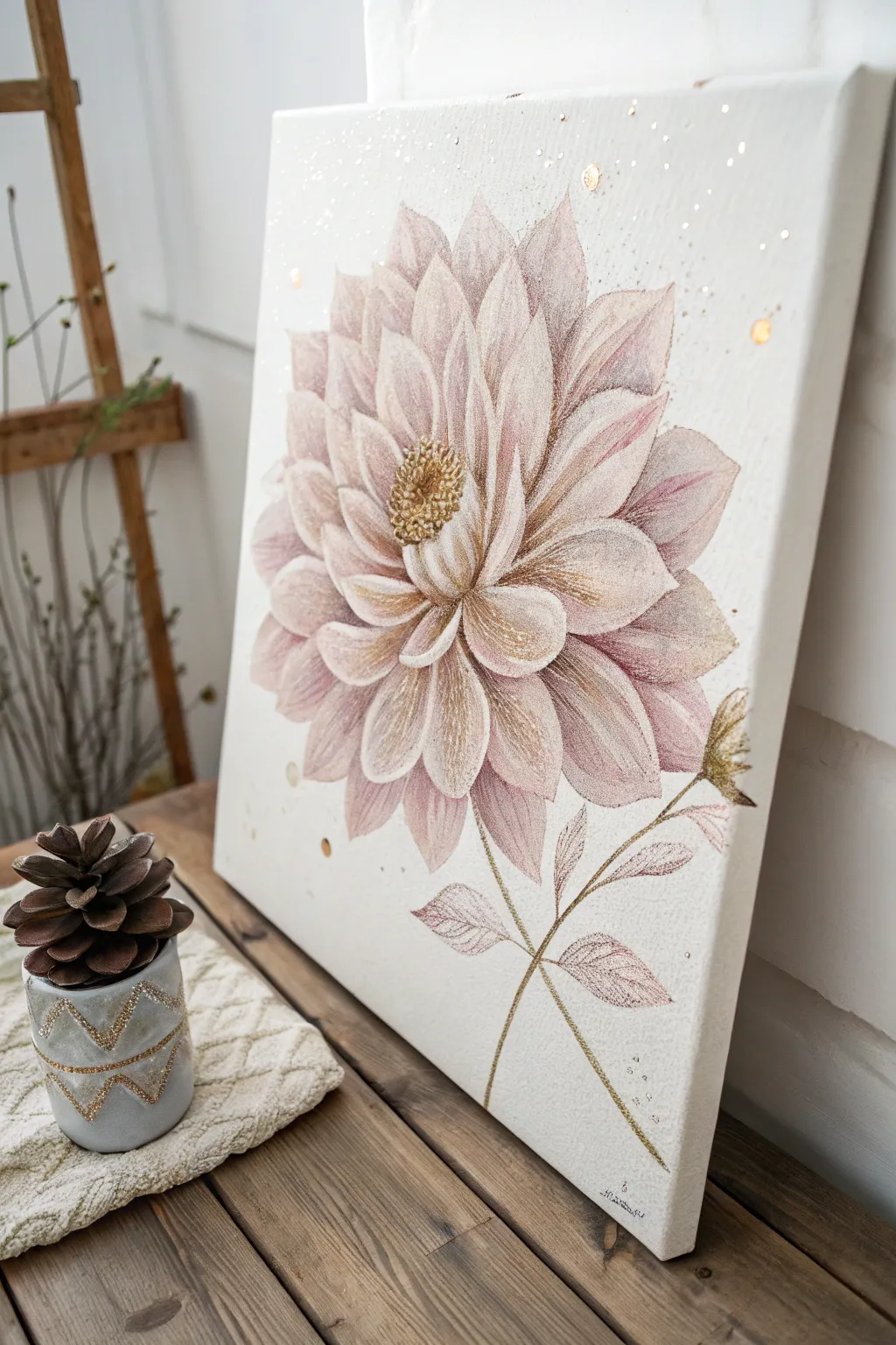 Embrace the sparkle of spring with this glitter-adorned floral canvas, where simplicity meets enchanting elegance.