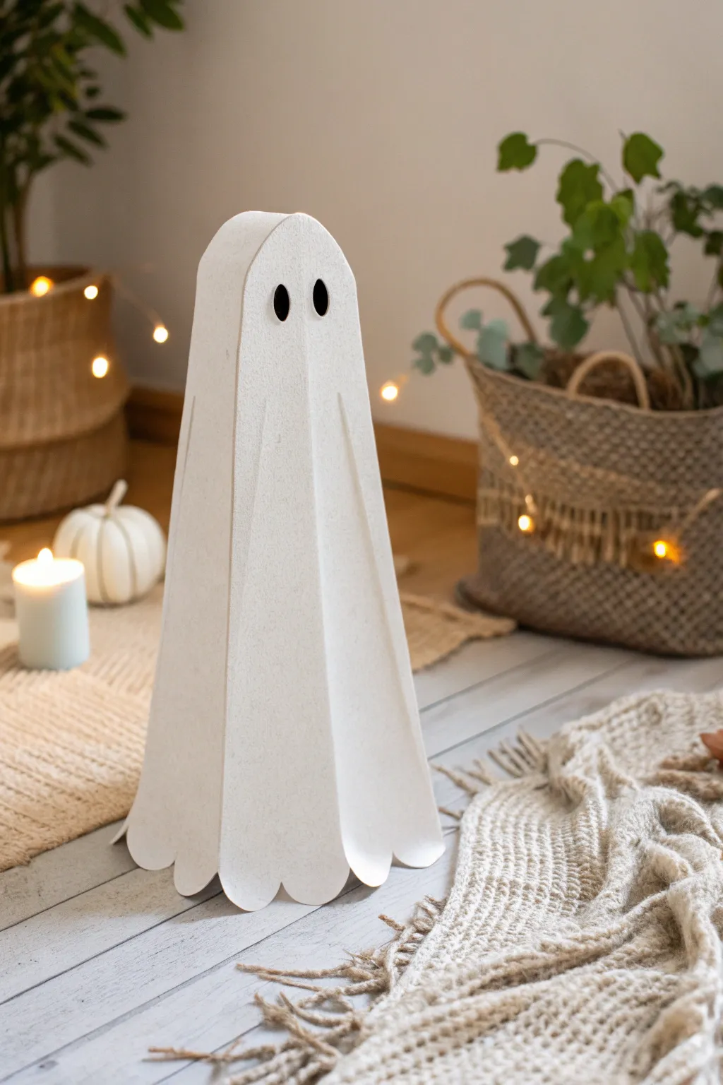 Elevate your Halloween decor with minimalist charm—craft your own ghostly figure from cardboard for an effortlessly chic touch.