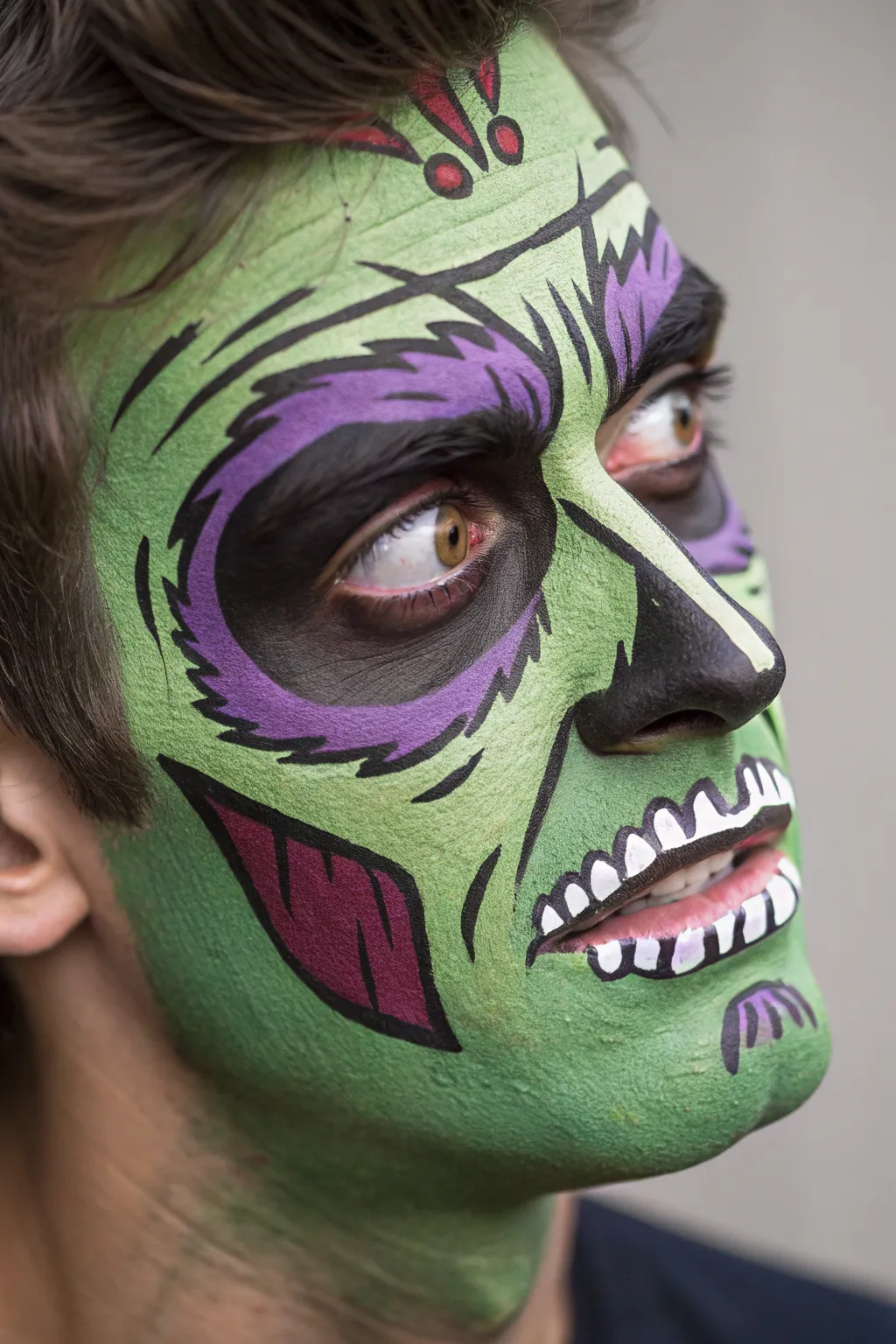 Unleash your inner comic book hero with this bold cartoon zombie face paint!