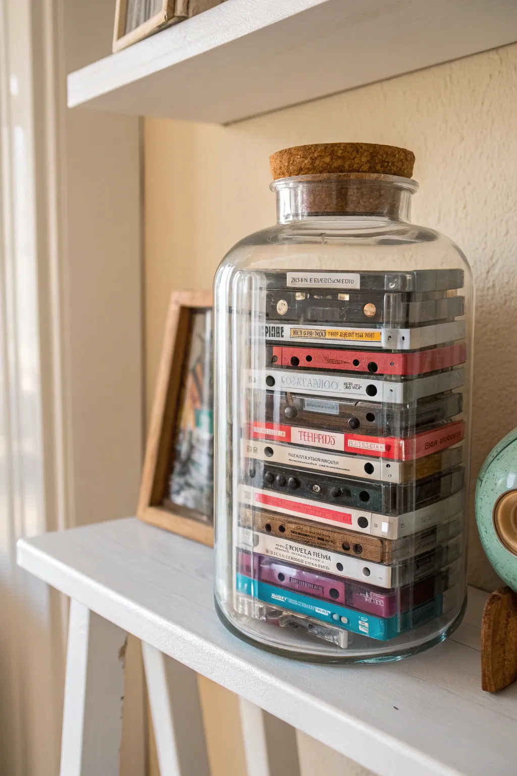 Store your memories in style with a glass jar cassette display that blends simplicity and charm.