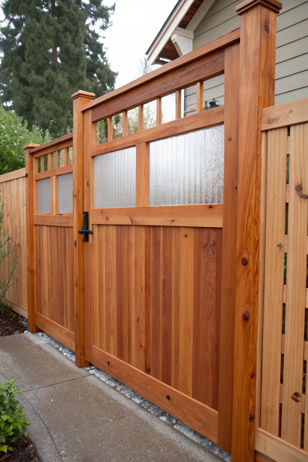 Discover the perfect blend of tradition and modernity with this stunning cedar gate featuring a frosted glass panel.