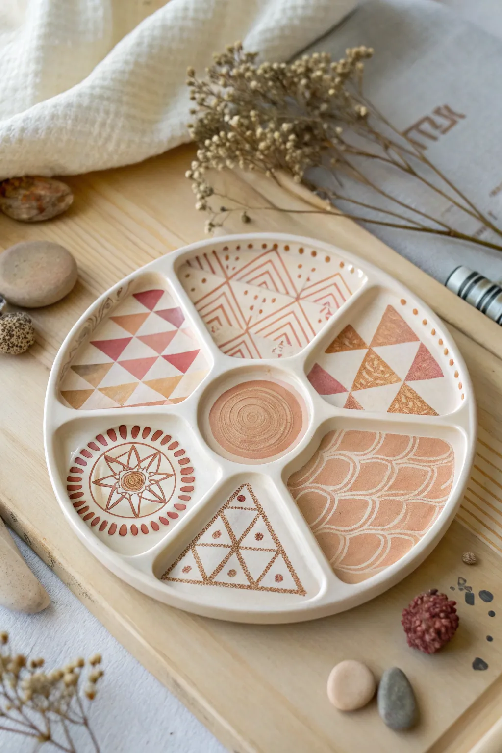 Embrace the art of organization with a geometric ceramic palette. Perfect for the minimalist artist seeking structured creativity.