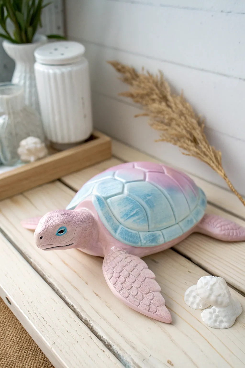 Embrace the serenity of pastel dreams with this delicately painted ceramic turtle.
