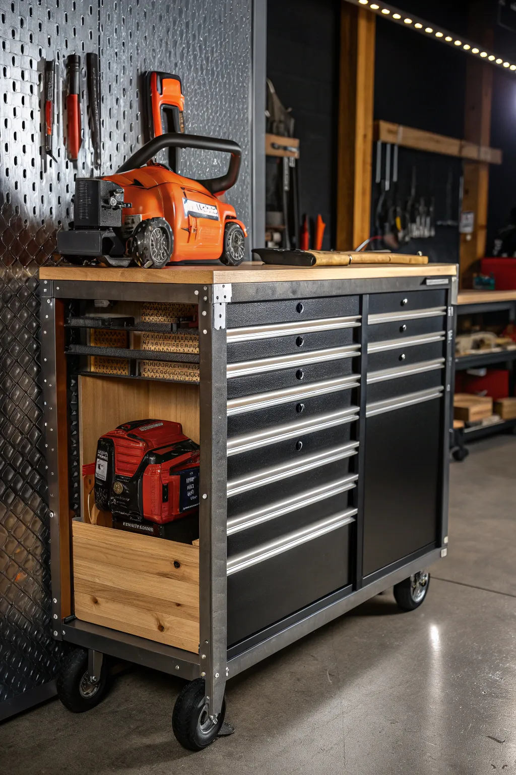 Streamline your workspace with a crafted rolling tool cart, perfect for your chainsaw and more.