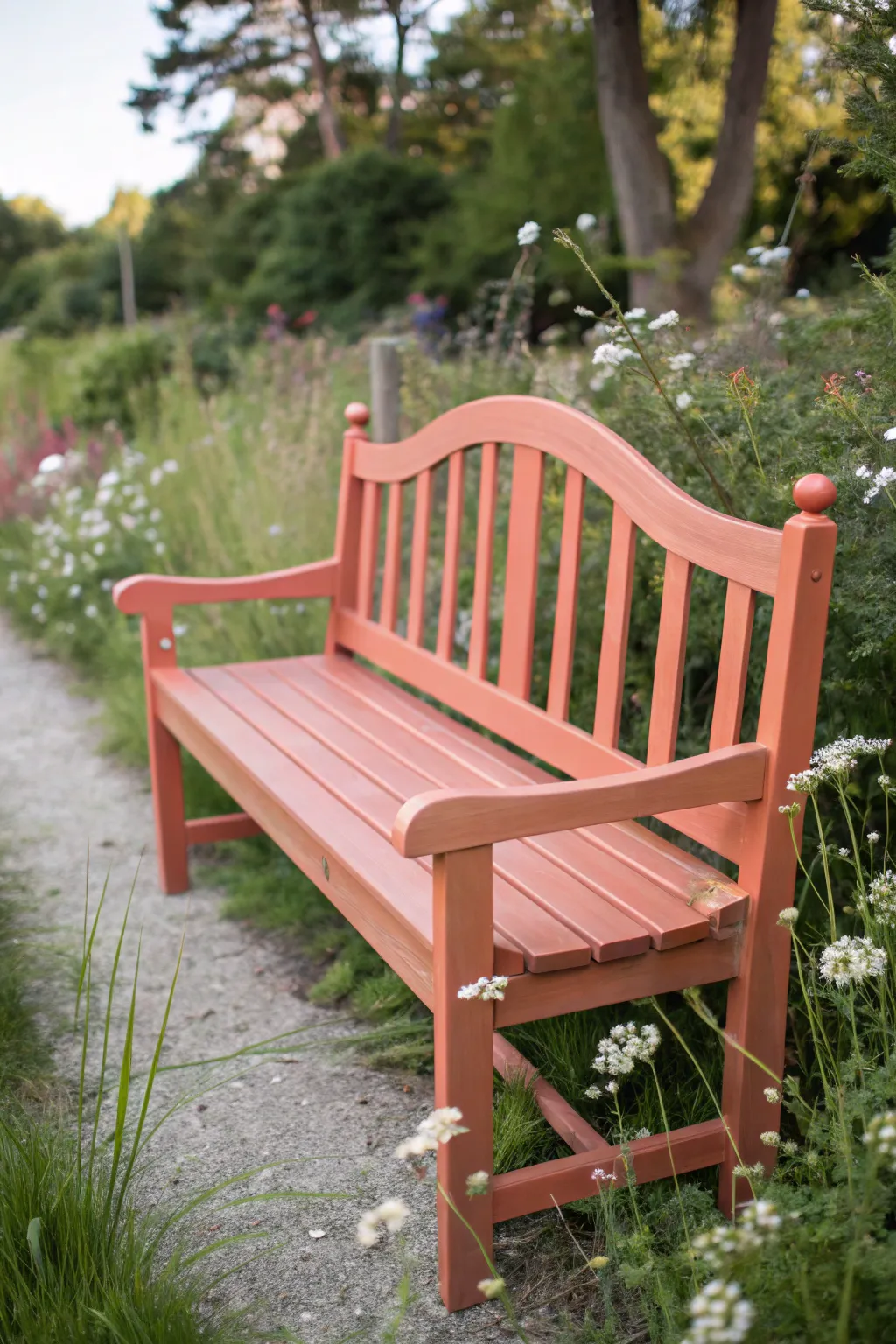 Transform your space with a splash of coral elegance—this chalk-painted bench brings vibrant charm to any garden.