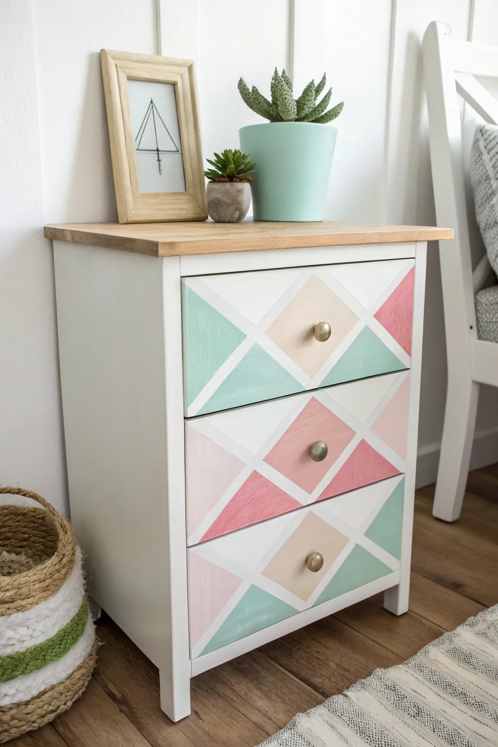 Transform your nightstand with chic geometric designs and soft chalk paint hues for a fresh, modern look.