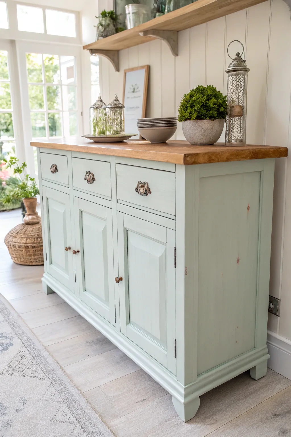 Embrace rustic charm by mixing wood and paint for a stunning buffet centerpiece.