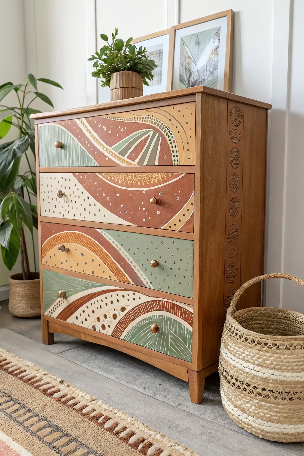 Transform your space with this abstract chalk-painted dresser, where earthy tones meet minimalist elegance.