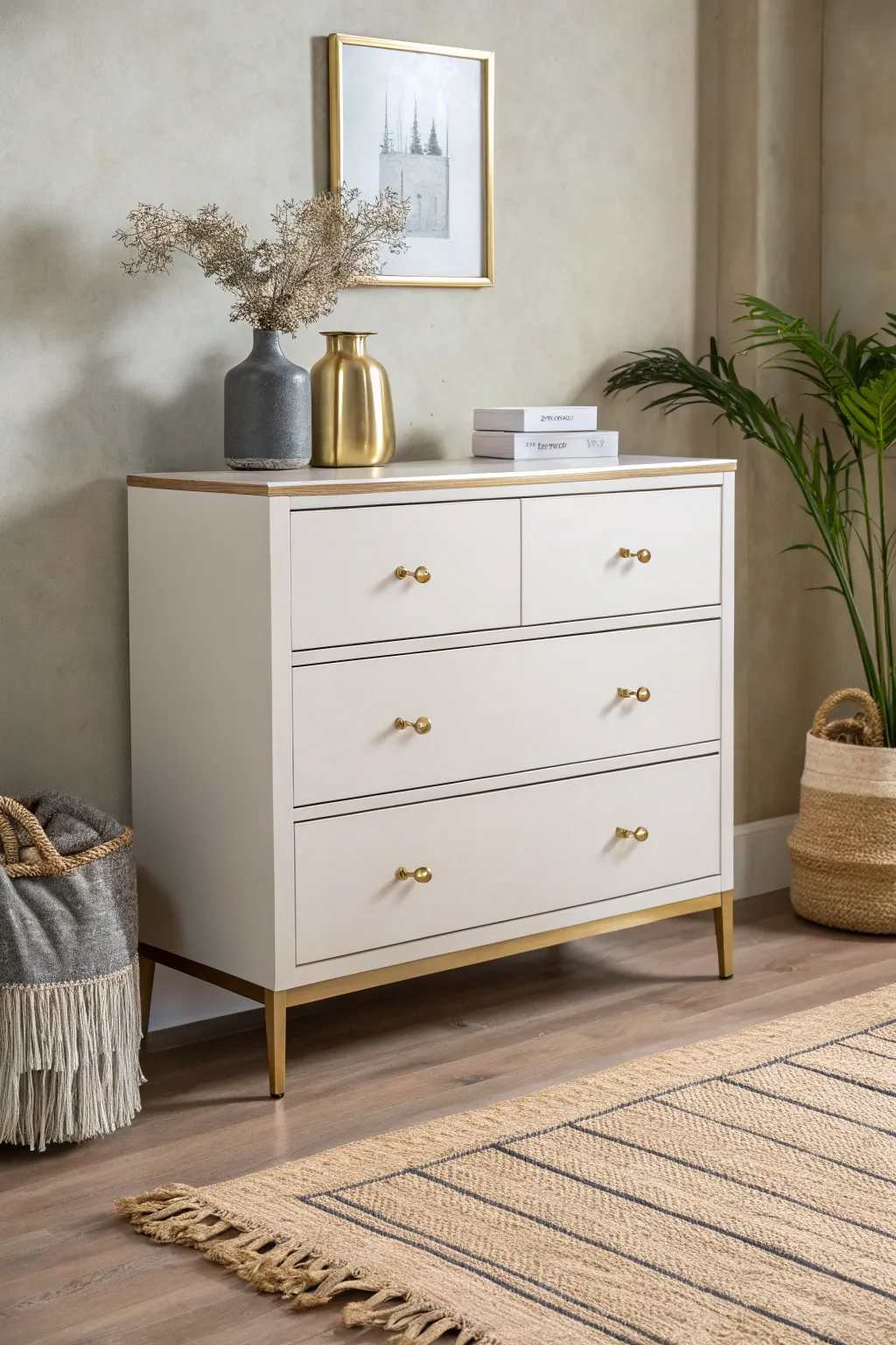 Add a touch of bohemian glamour to your space with metallic accents on minimalist furniture.