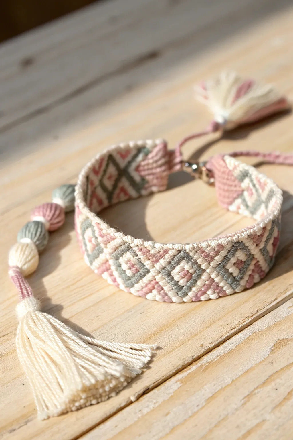 Add a touch of boho elegance with this chevron and tassel bracelet, a dance of style on your wrist.