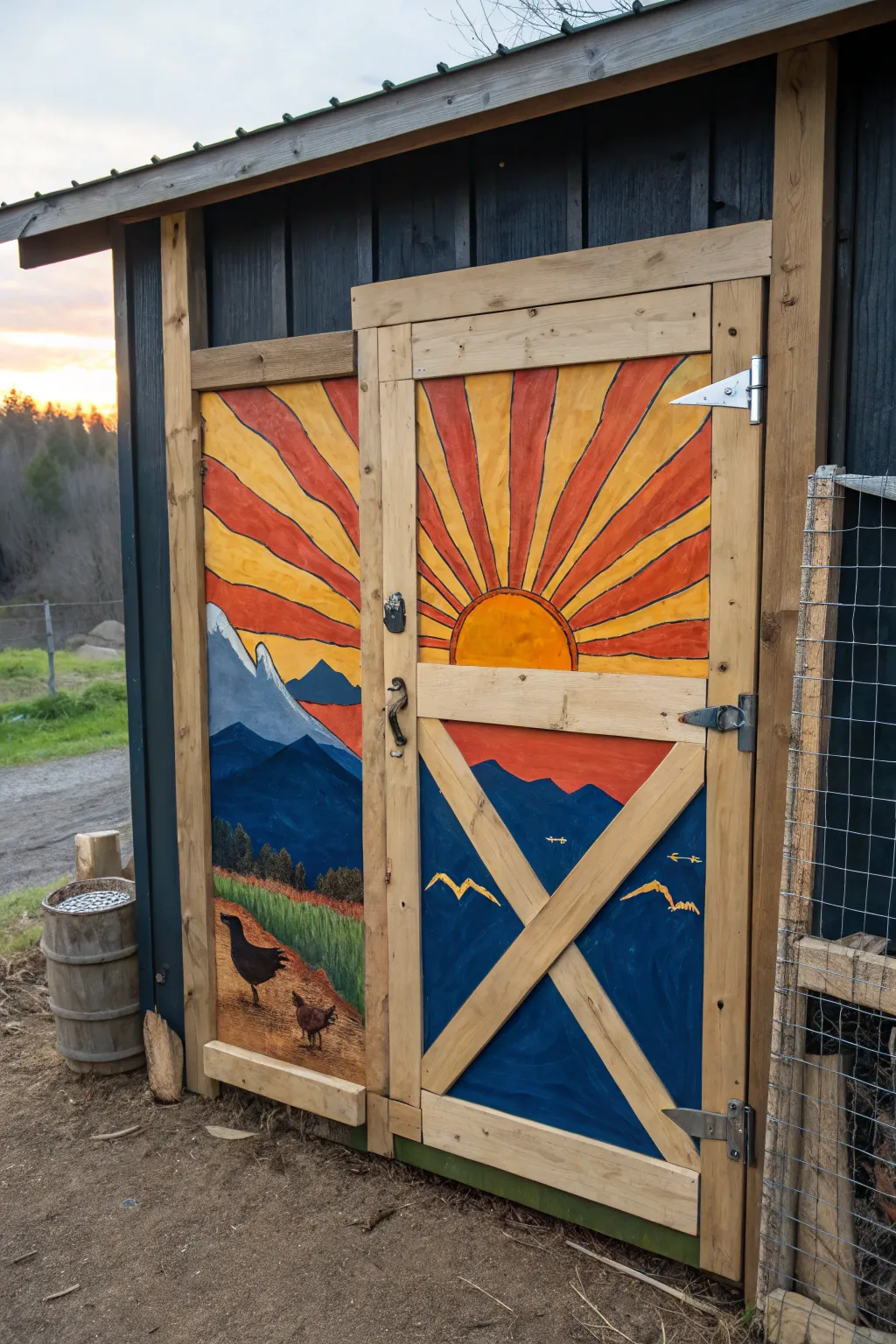 Transform your chicken run with a sunrise mural that brings color and craftsmanship to life.