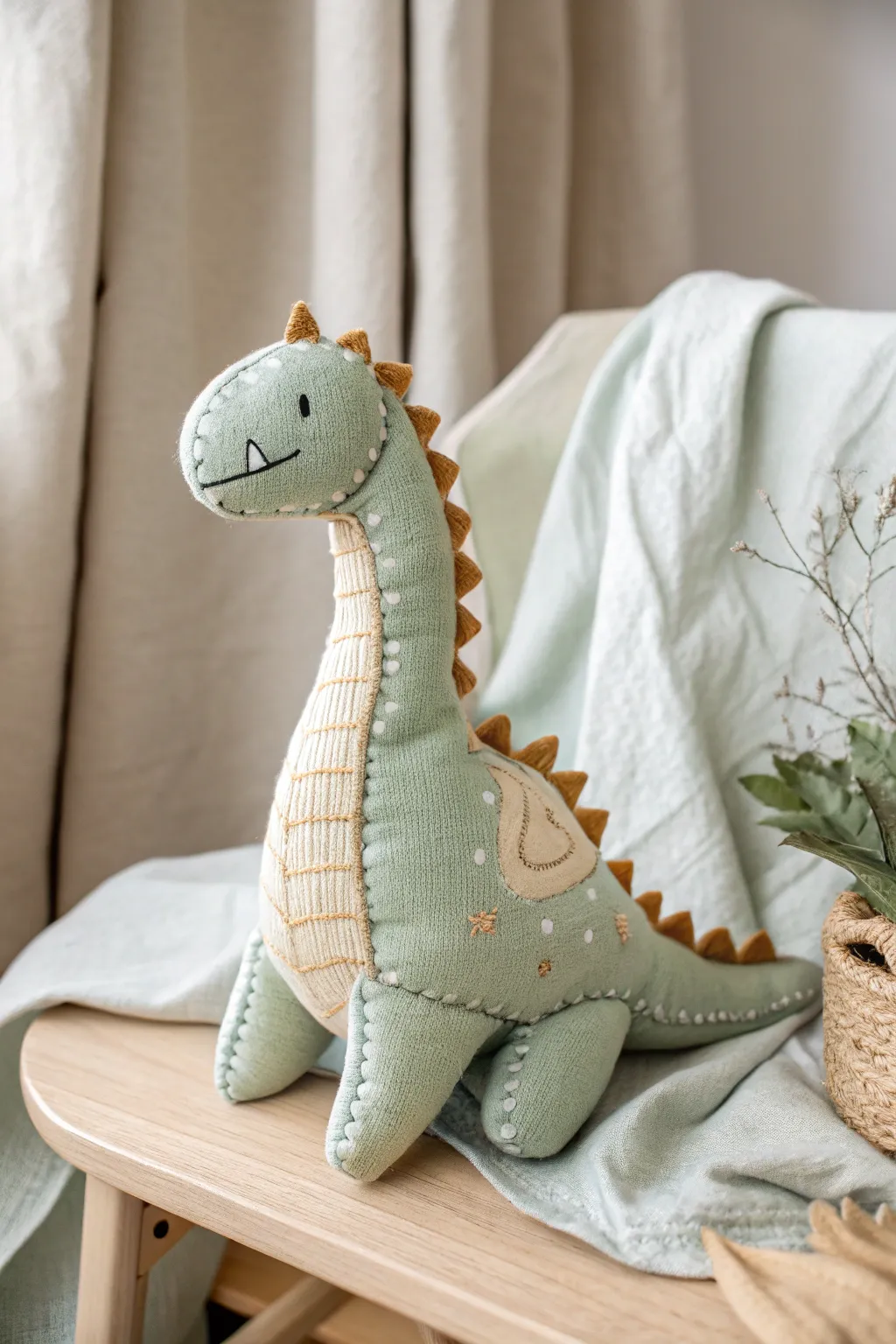 Embrace the charm of simplicity with this handcrafted plush dinosaur, the perfect cuddly companion for little dreamers.