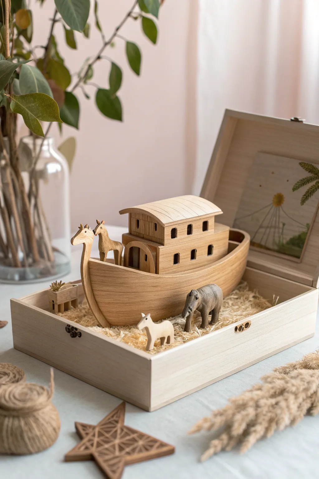 Discover the beauty of simplicity with this Noah's Ark diorama, where storytelling meets minimalist craftsmanship.
