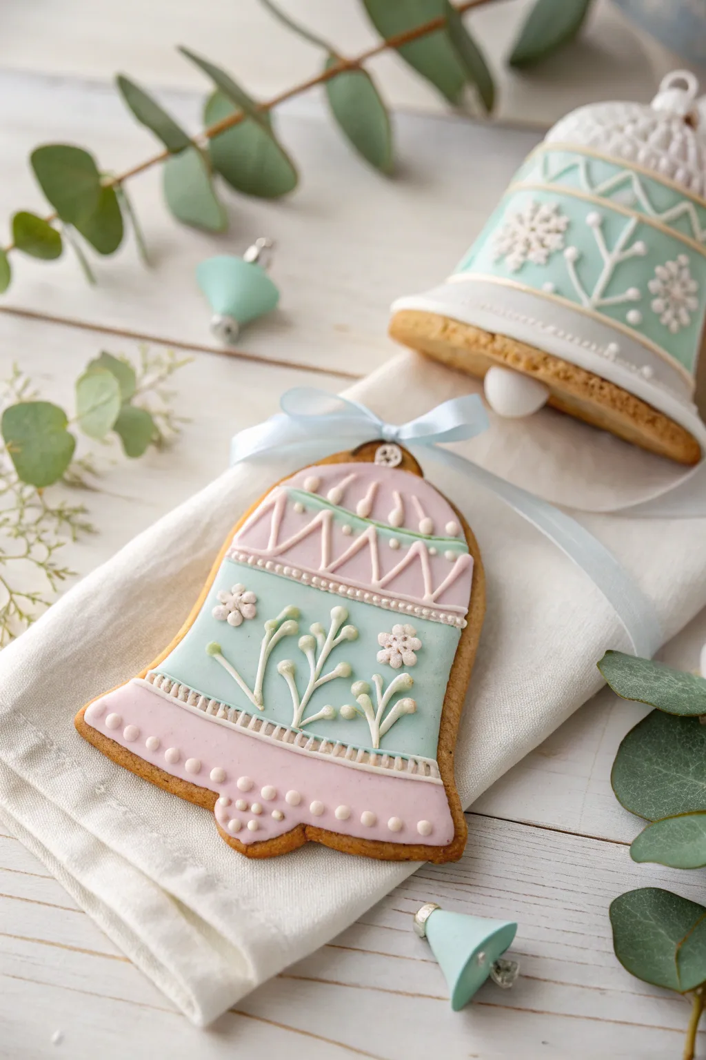 Delight in the gentle elegance of pastel icing on Christmas bell cookies, perfect for a serene holiday vibe.
