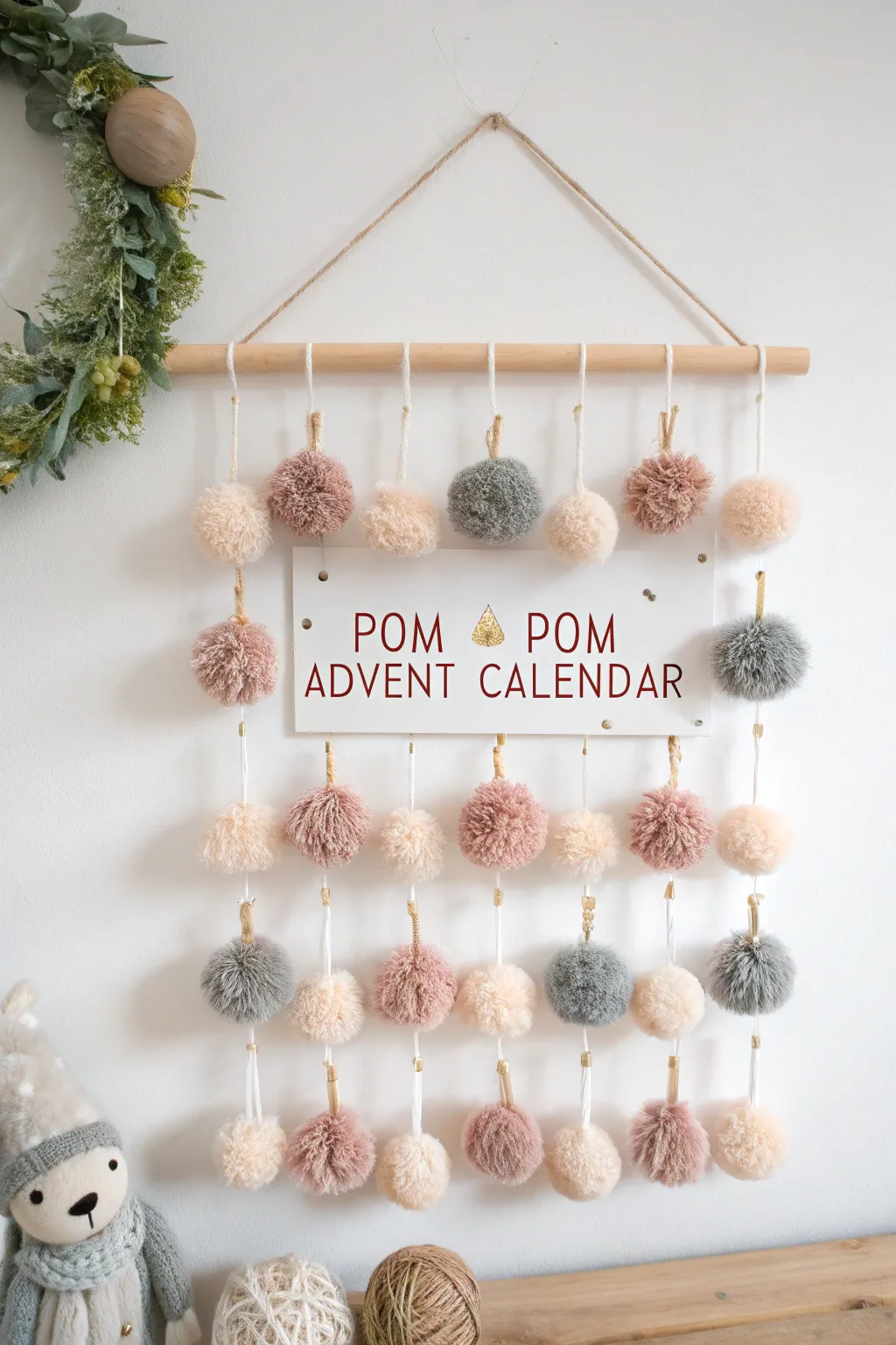 Countdown to Christmas with a cozy and minimalist pom pom advent calendar, perfect for adding a touch of handcrafted charm to your holiday decor.