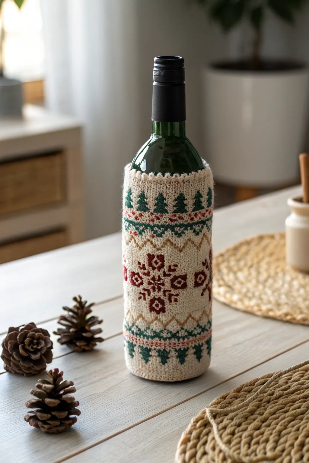 Add a touch of handmade elegance to your holiday gifting with these festive bottle cozies.