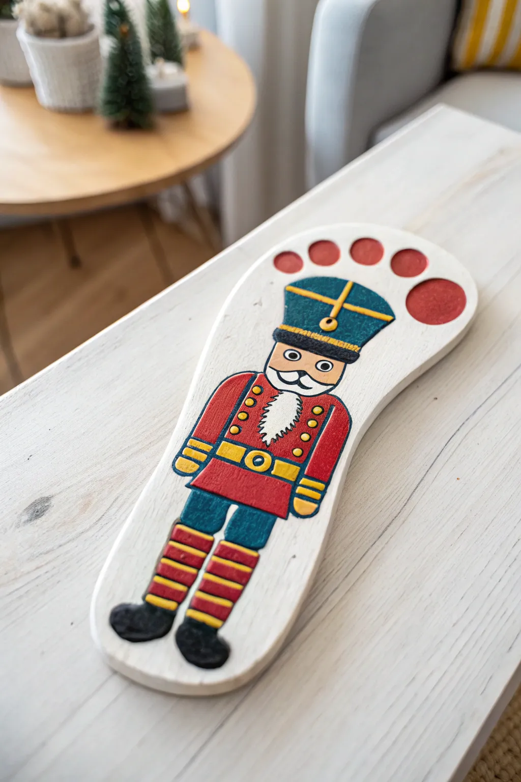 Step into the holiday spirit with charming footprint nutcracker art.