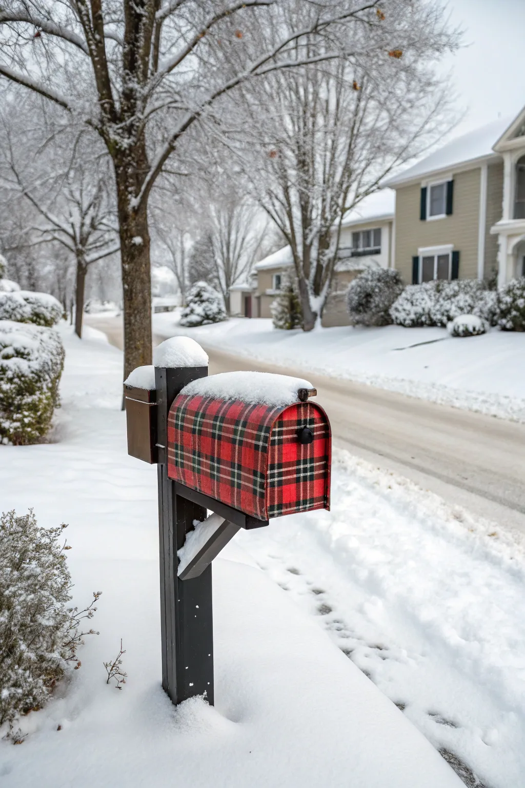 Create a cozy vibe with a timeless plaid-patterned mailbox cover.
