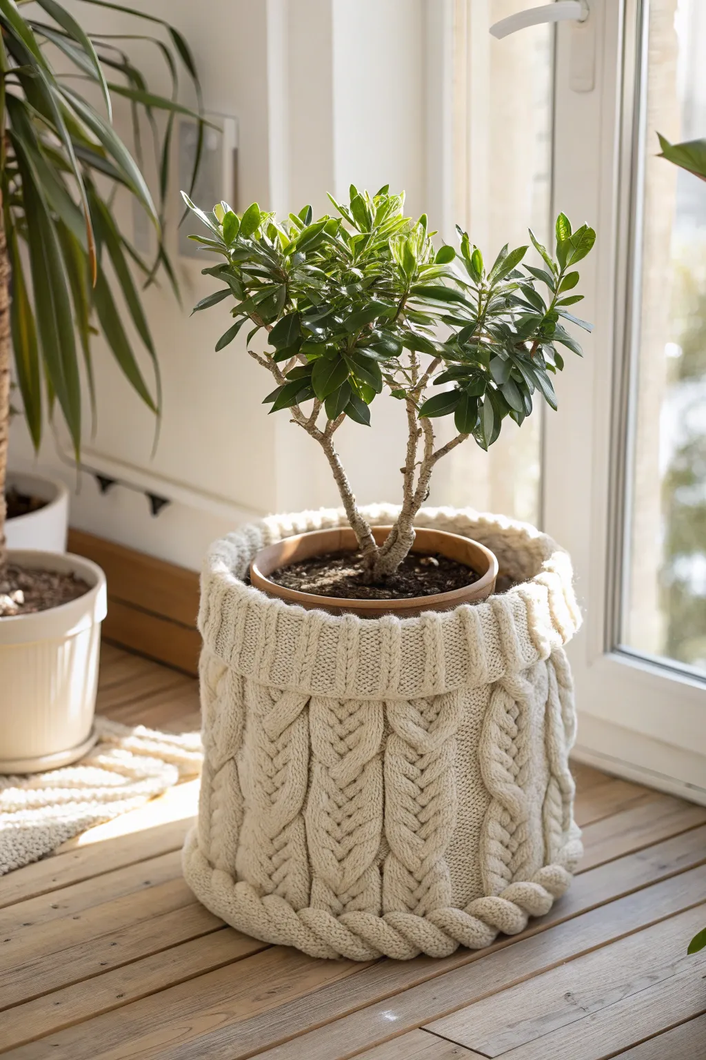 Add warmth and style to your greenery with chunky knit planter covers.