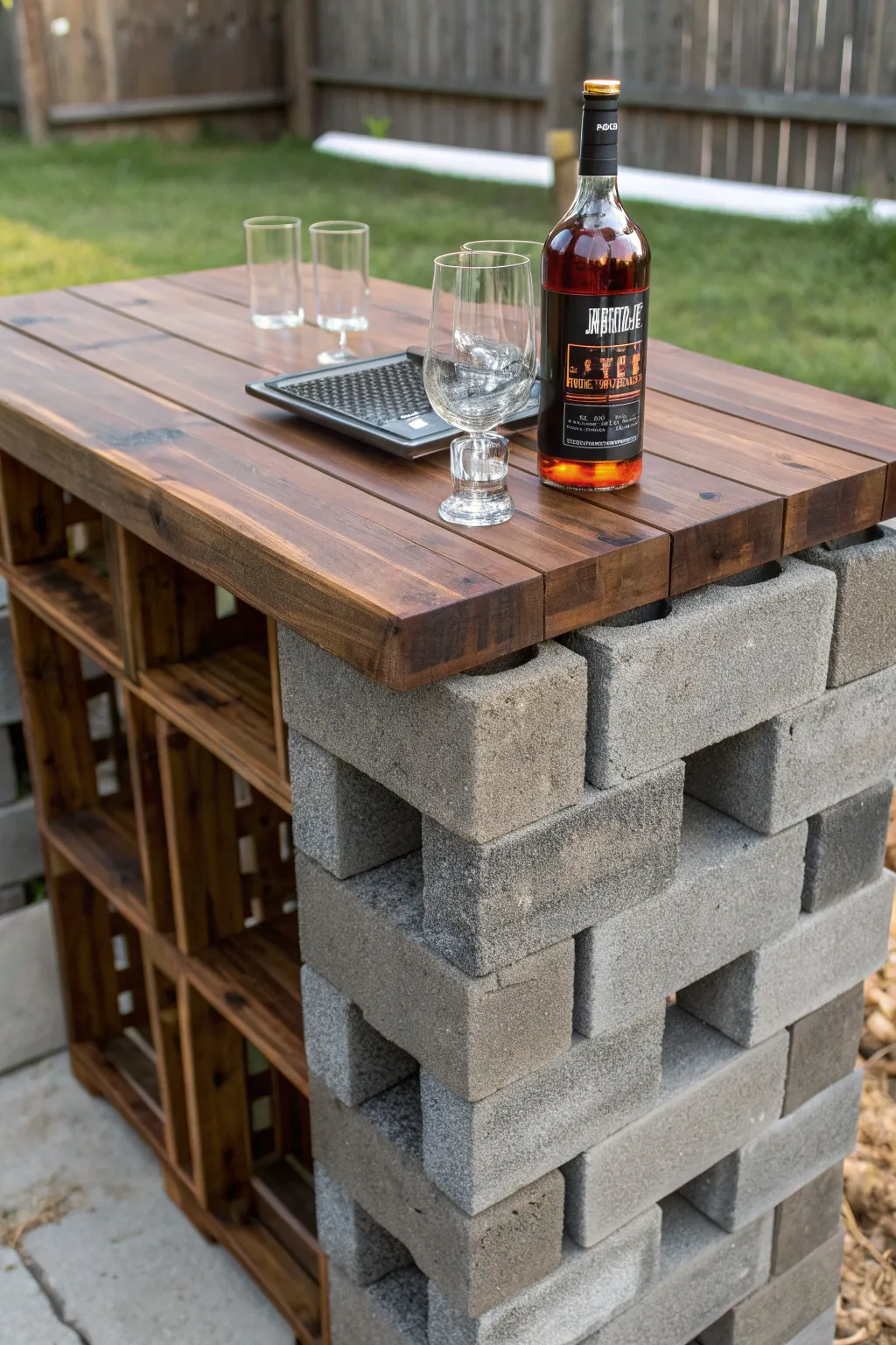 Elevate your gatherings with this striking cinder block pop-up bar table—where rustic charm meets sleek design.