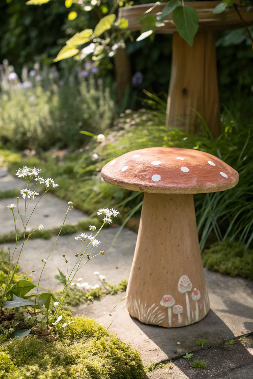 Whimsical elegance meets nature with this handcrafted clay toadstool stool, perfect for your garden gatherings.
