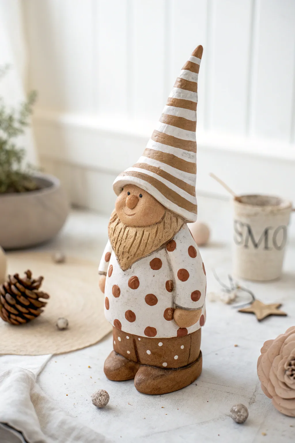 Add a touch of whimsy to your space with this charming clay gnome in a quirky, mismatched outfit.