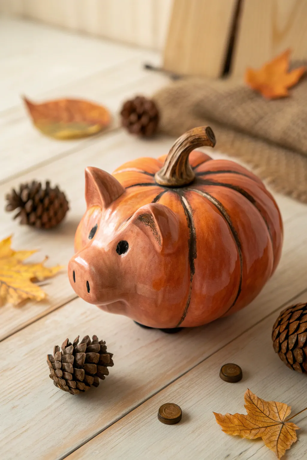 Embrace the charm of autumn with this handcrafted pumpkin piggy bank, a perfect blend of simplicity and seasonal beauty.