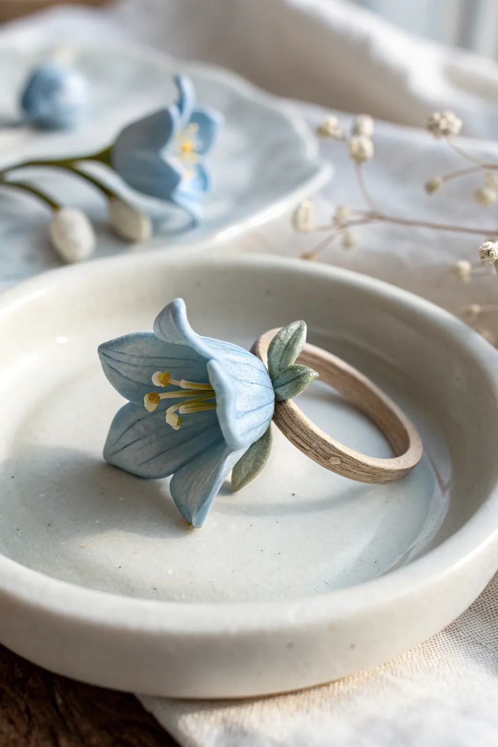 Embrace nature's elegance with a bluebell clay ring, where simplicity meets artistry.