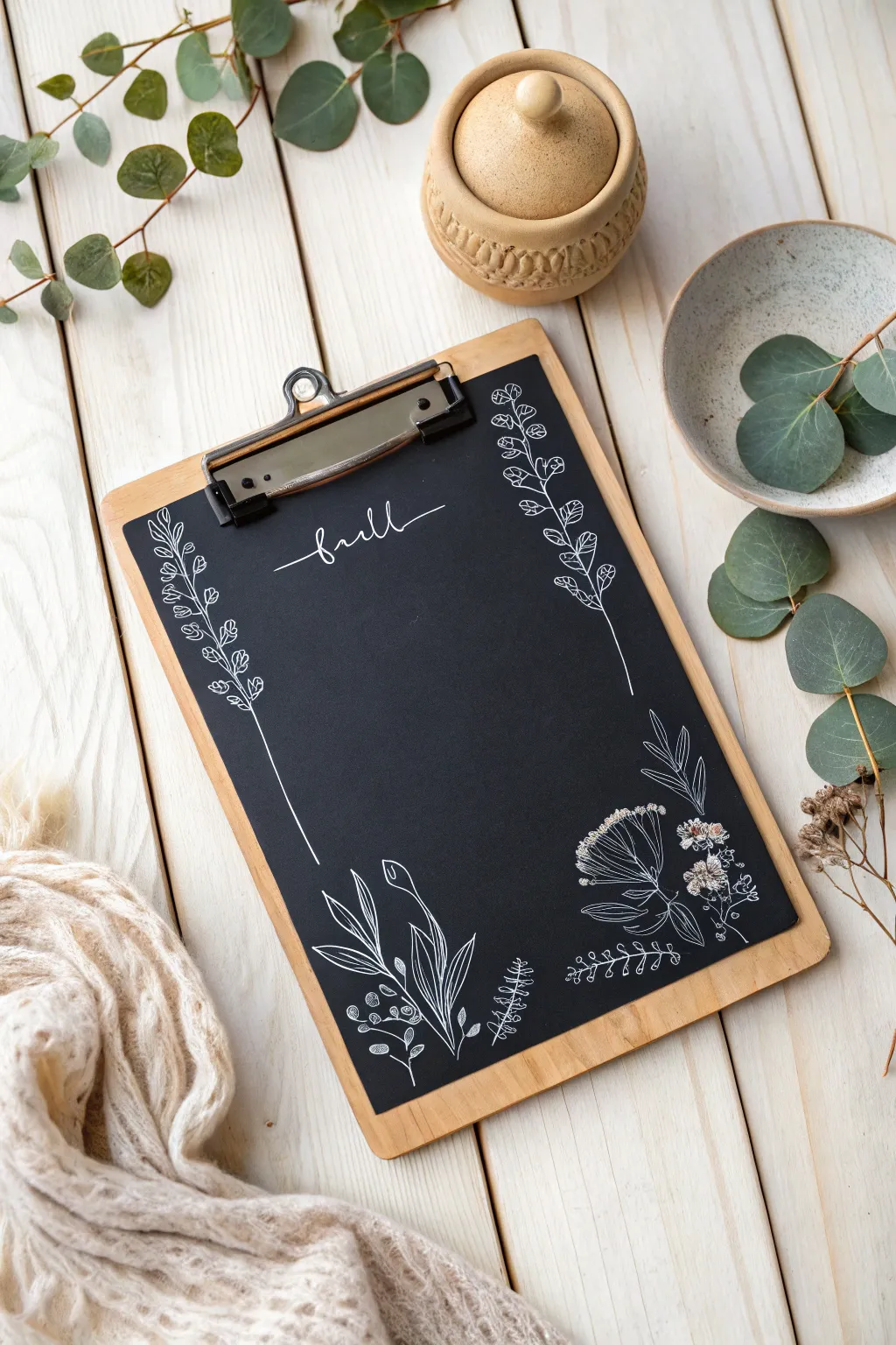 Elevate your workspace with a touch of Scandinavian-Boho charm: a chic chalkboard clipboard for your thoughts and doodles.