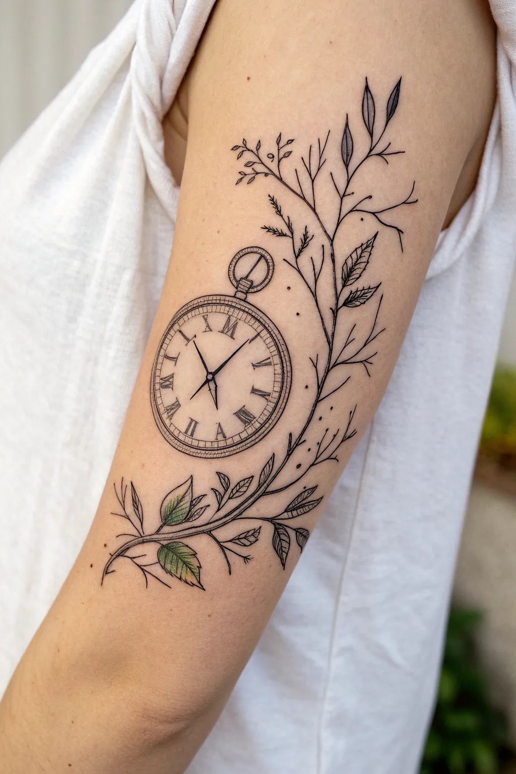 Embrace the harmony of time and nature with this exquisite clock tattoo design.