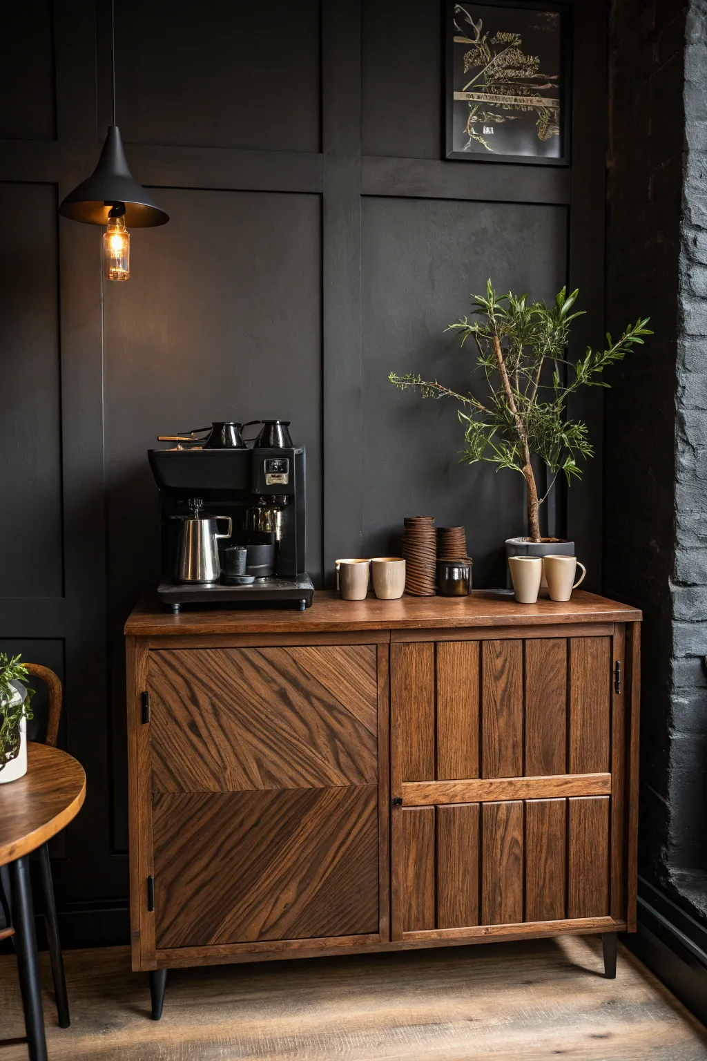 Transform your mornings with a moody coffee bar retreat, where minimalist design meets cozy vibes.