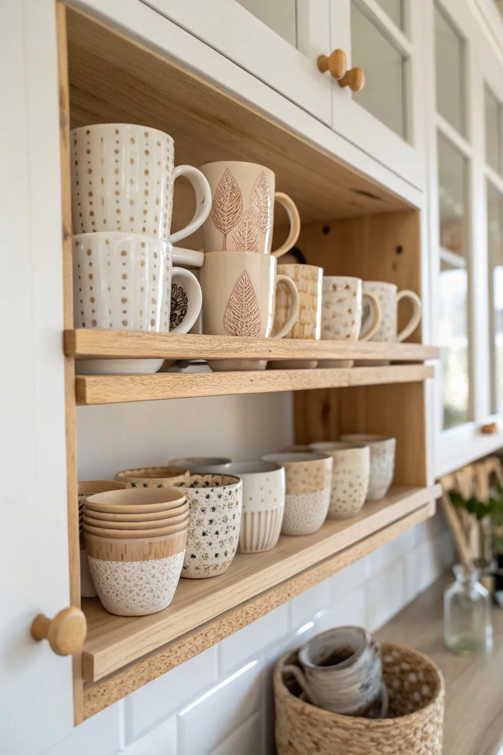 Elevate your mug storage with Scandinavian-inspired overhead racks that blend functionality with natural elegance.