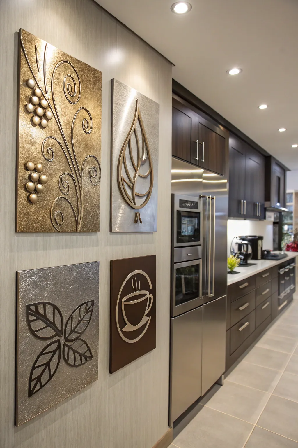 A modern kitchen wall showcasing metallic coffee-themed art.