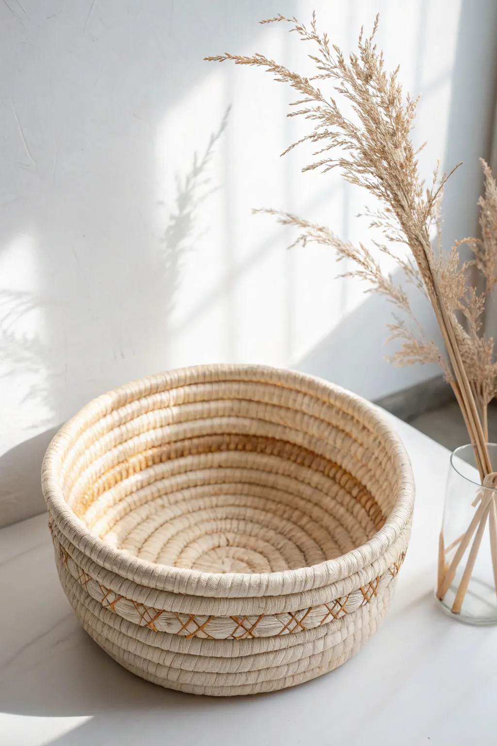 Embrace the beauty of simplicity with this monochrome coil basket, a perfect blend of minimalist and Boho charm.