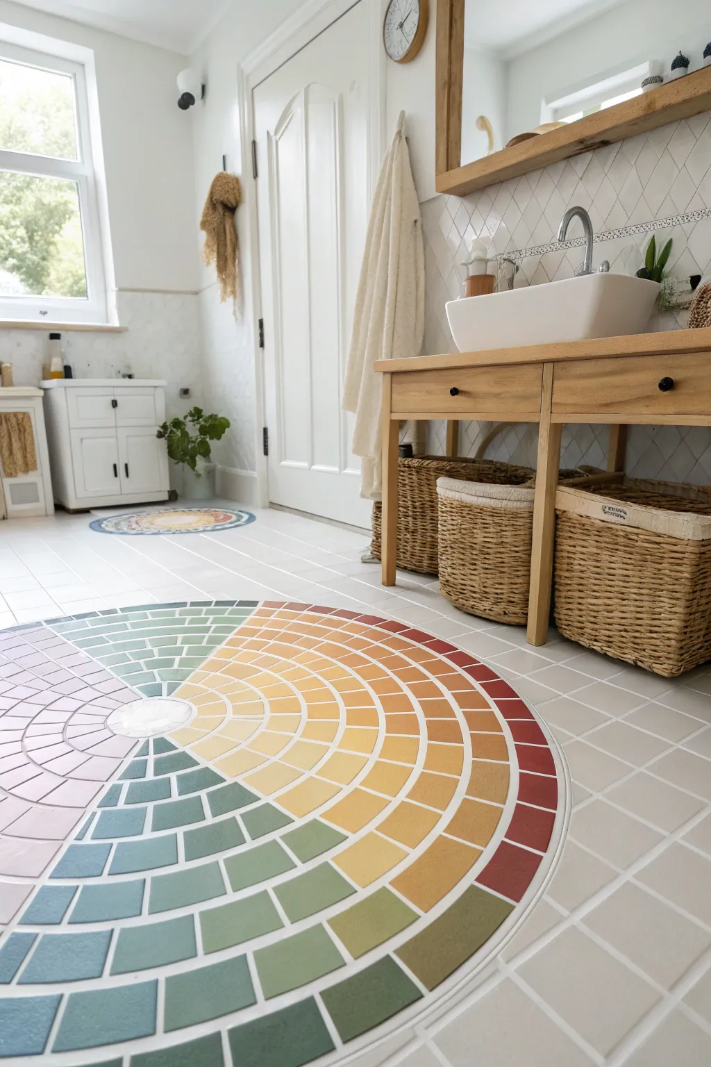 Transform your space with a stunning color wheel tile design – where simplicity meets bold creativity.
