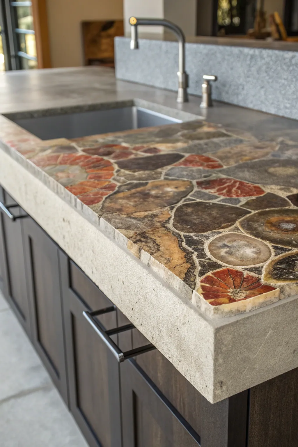 Discover the timeless allure of petrified wood inlays for your concrete countertops, where history meets modern design.