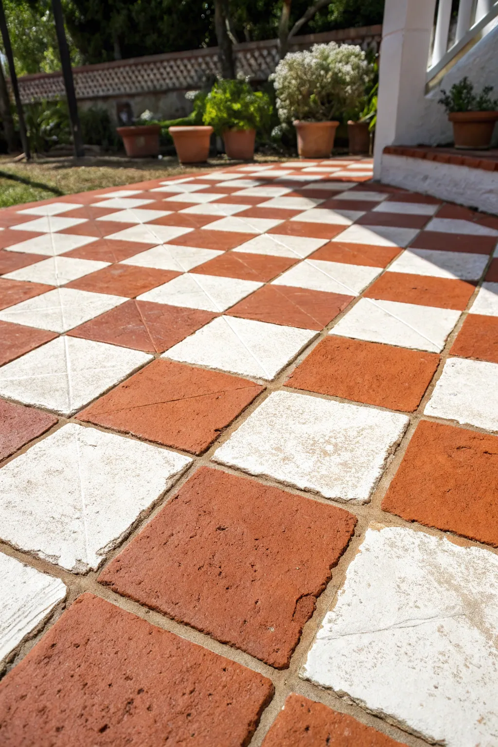 Transform your patio with a stunning faux tile effect that brings a touch of Tuscany to your outdoor space.