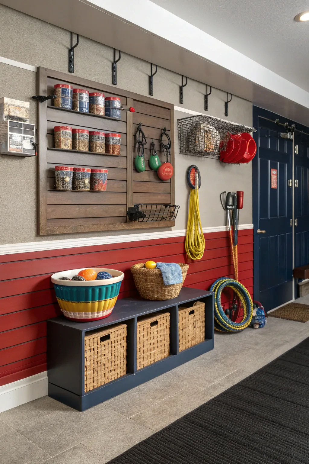 Transform your garage into a pet paradise with this sleek and organized slatwall setup, perfect for the modern pet enthusiast.