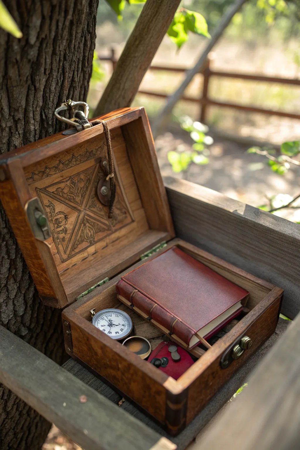 Unlock the intrigue of your treehouse with a hidden treasure hideaway.