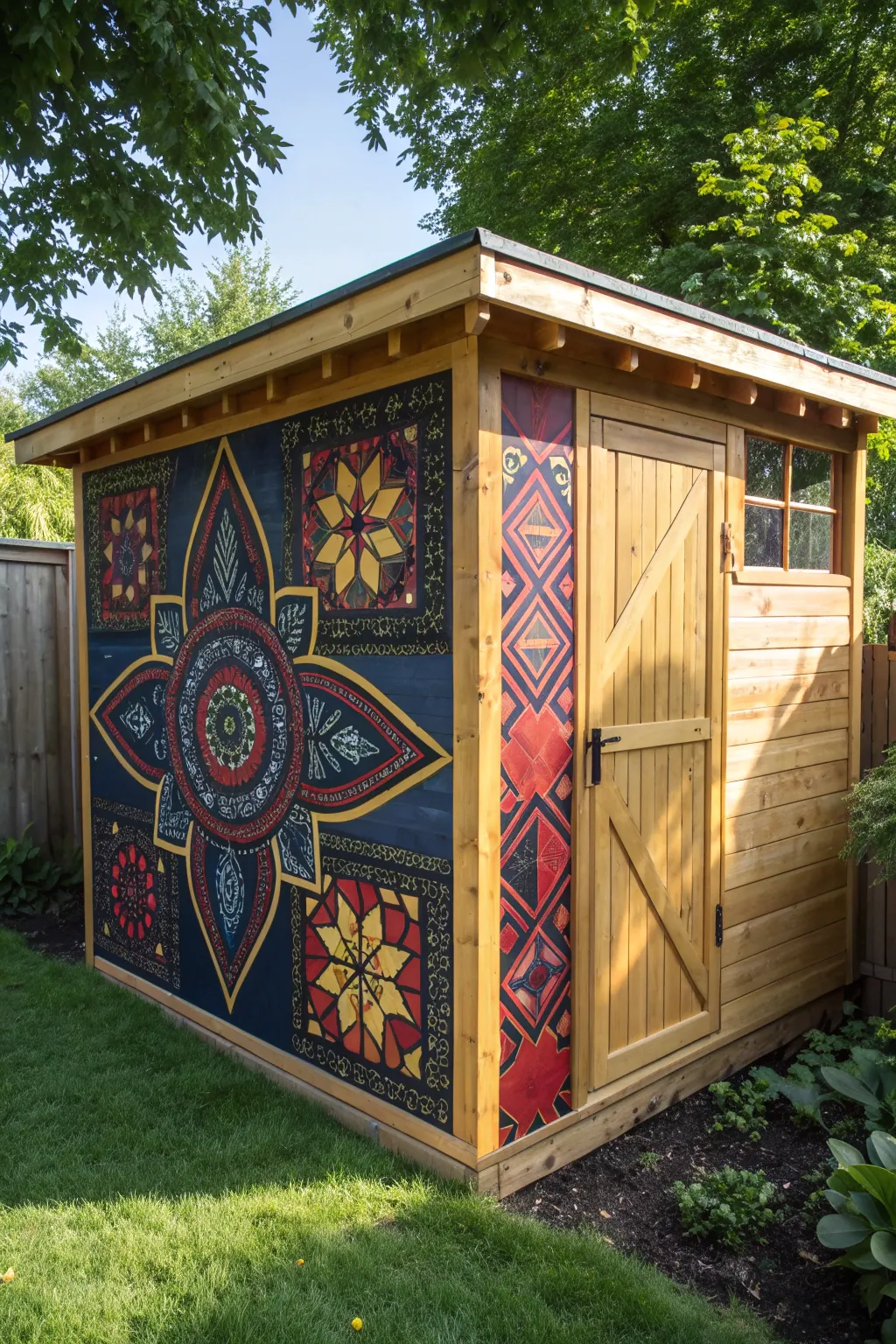 Transform your garden with a bold and artistic mural on your corner shed.