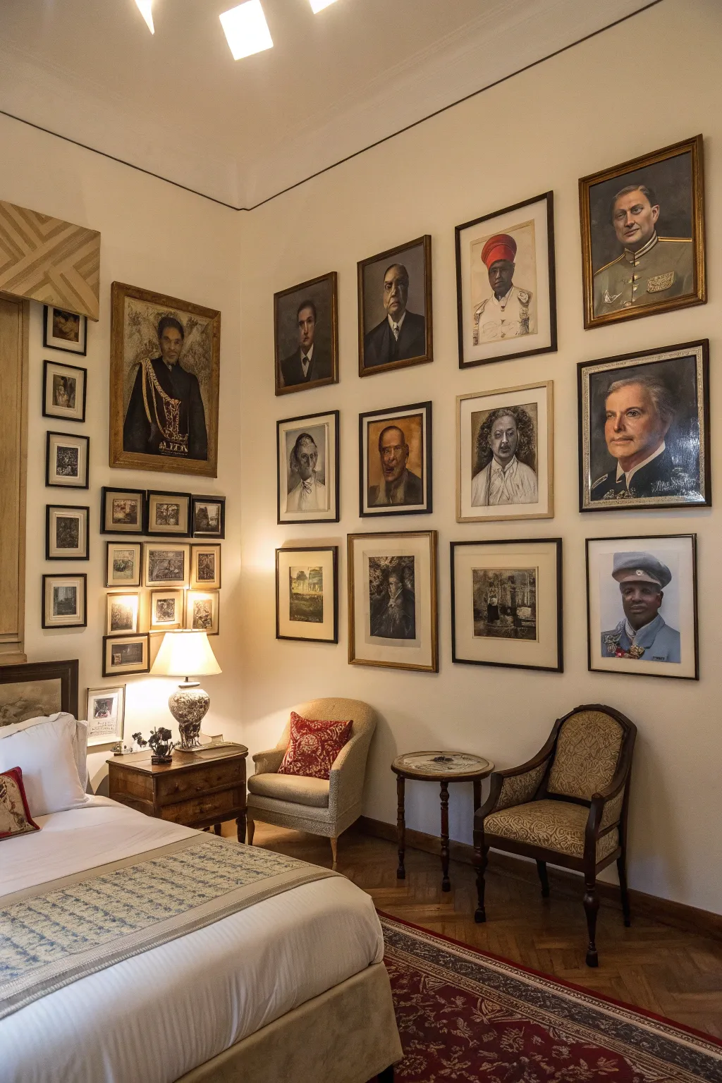 Influential figures' portraits adding character to a guest room.