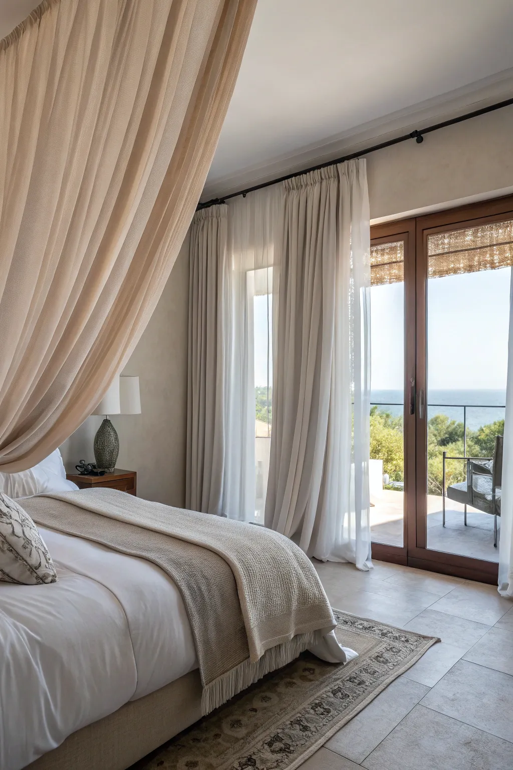 Flowy curtains add a gentle, romantic touch.