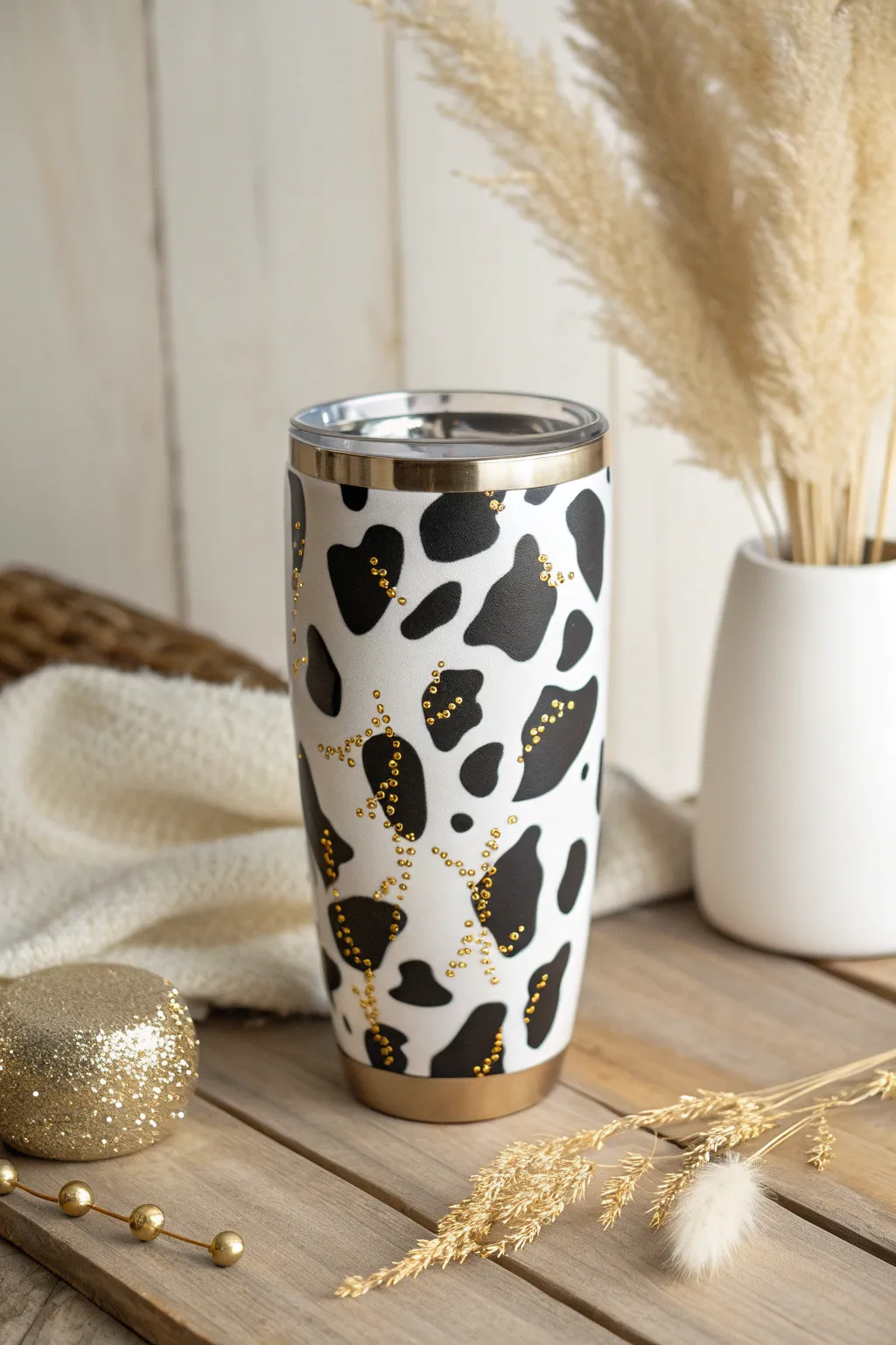 Elevate your sip: A touch of gold brings glamour to the classic cow print.
