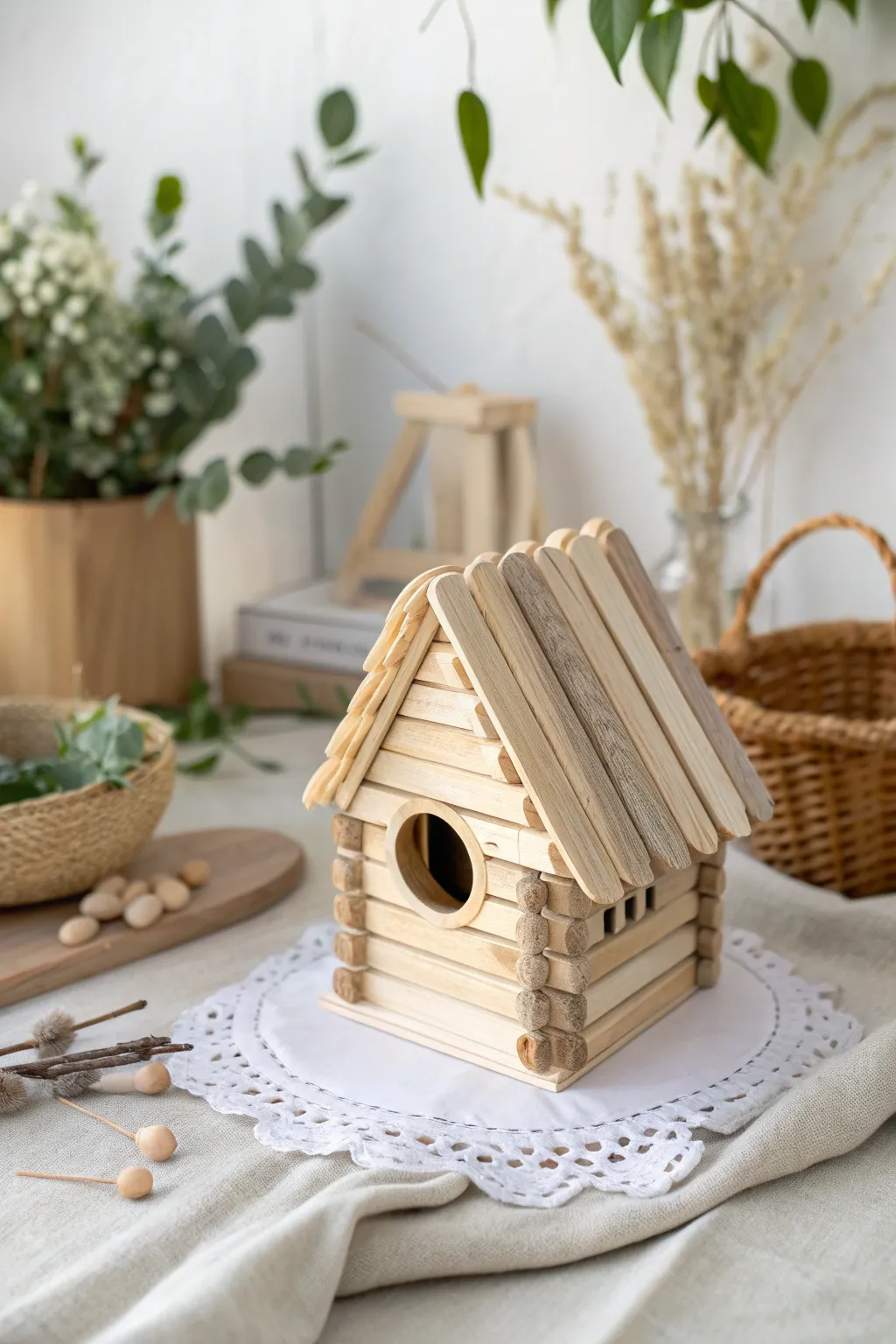 Crafting memories: A charming popsicle stick birdhouse, perfect for adding a touch of handmade beauty to any space.