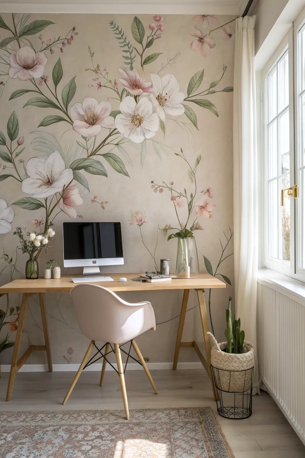 Elevate your creative space with an inspiring floral wallpaper that adds a touch of boho charm to minimalist design.