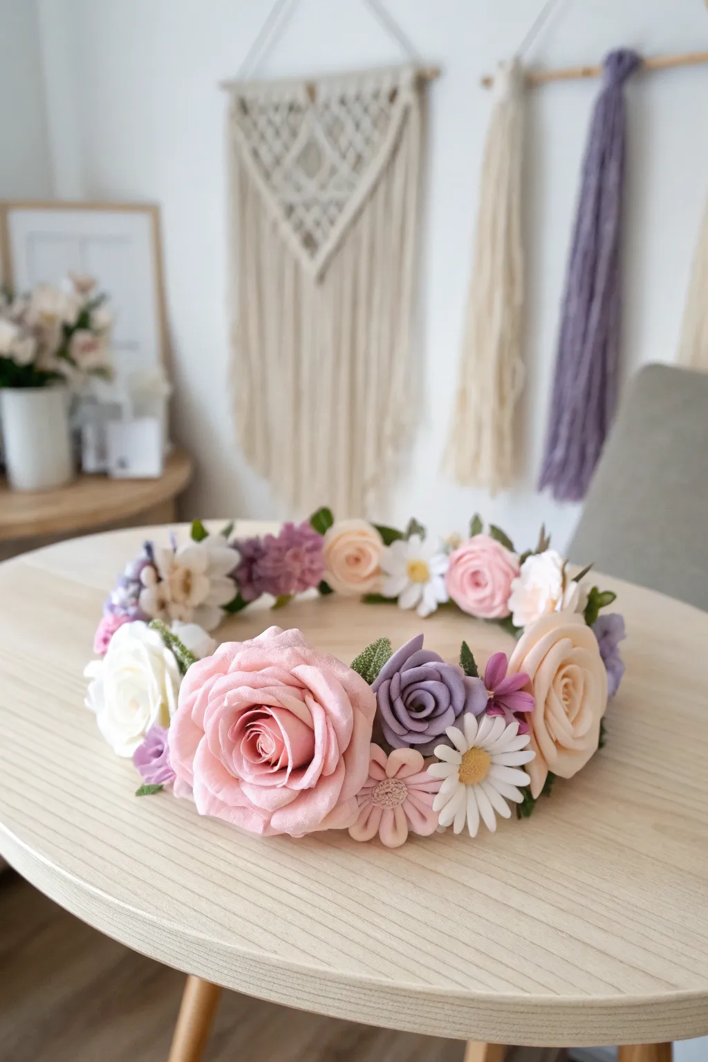 Embrace whimsical elegance with this handcrafted felt flower crown—perfect for adding a touch of magic to any gathering.