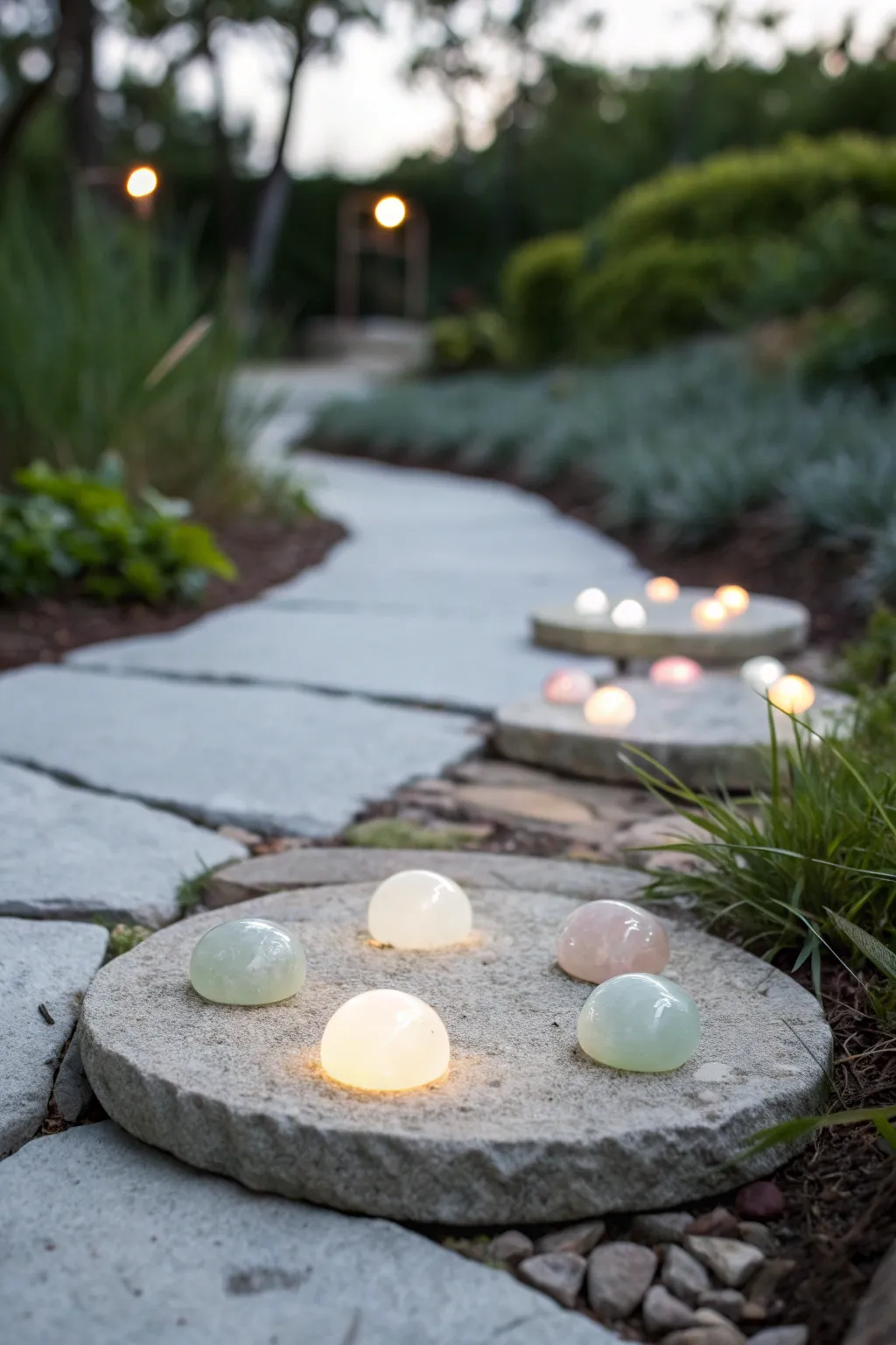 Illuminate your garden with the enchanting glow of marble-embedded stepping stones.