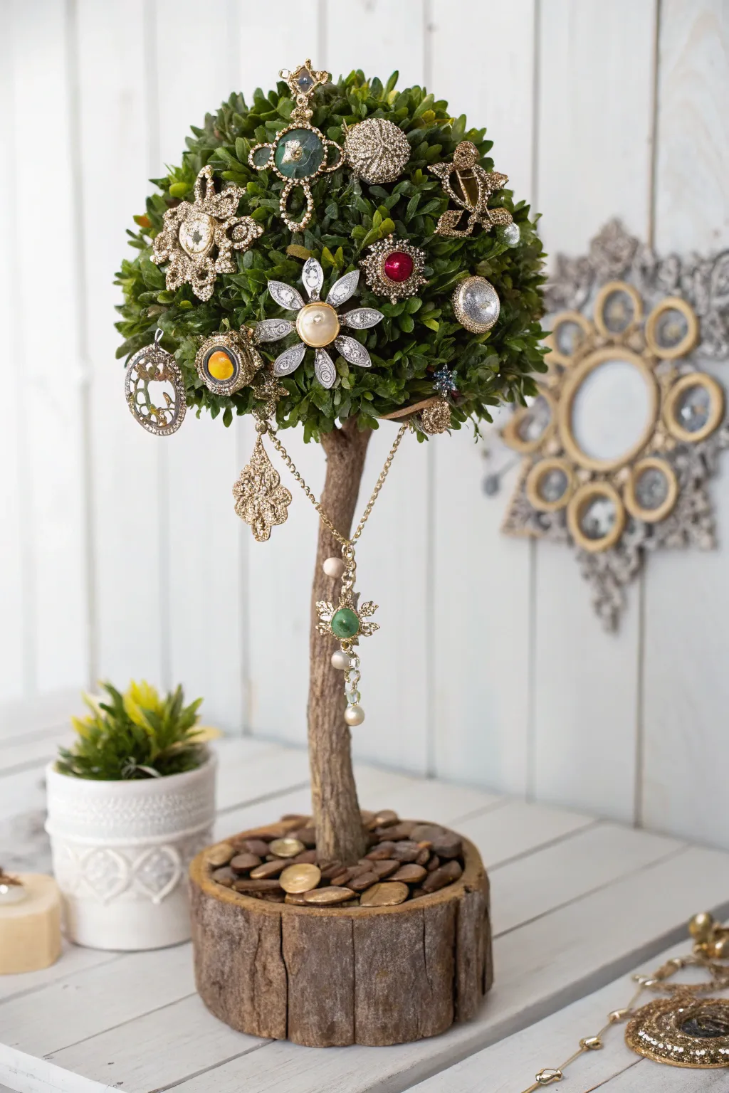 Transform old jewelry into a captivating topiary tree that adds a playful touch to any minimalist space.