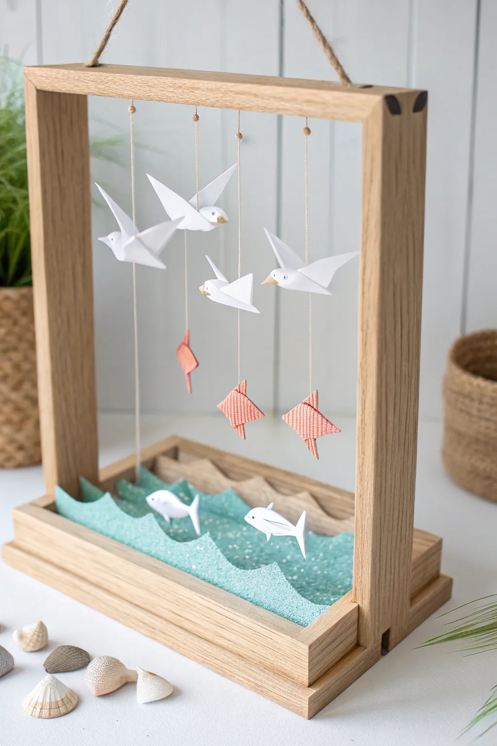 Explore the beauty of creation with this elegant bird and fish diorama, a perfect blend of Scandinavian simplicity and Boho charm.